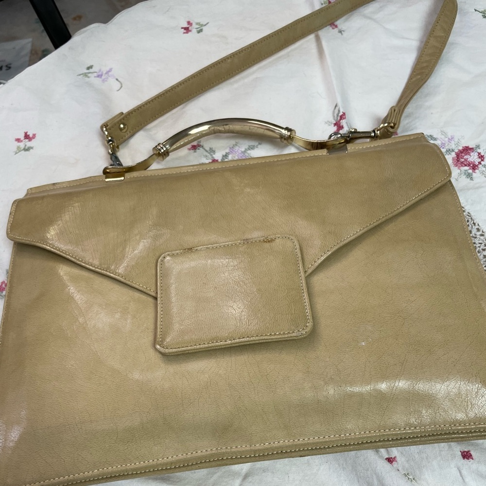 Vintage Tan Leather Handbag Removable Strap Handle Fold Over Flap